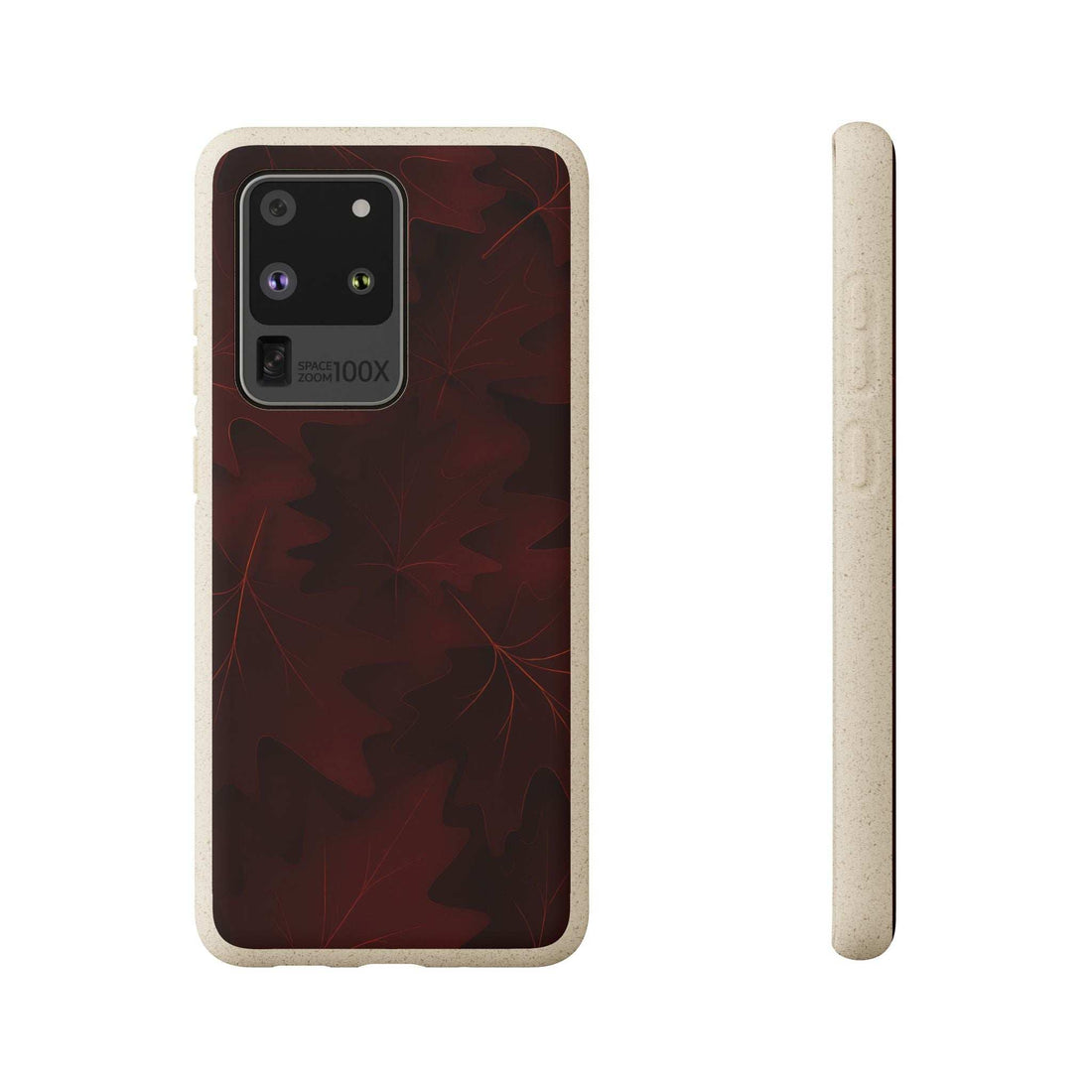 Red and dark leaf-pattern phone case with camera cutouts and raised lens frame