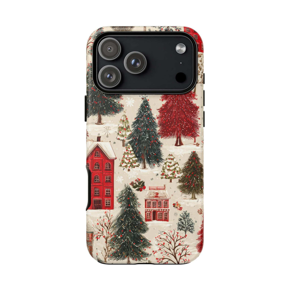 Phone case rear view with winter village artwork, red homes and evergreen trees; raised camera frame