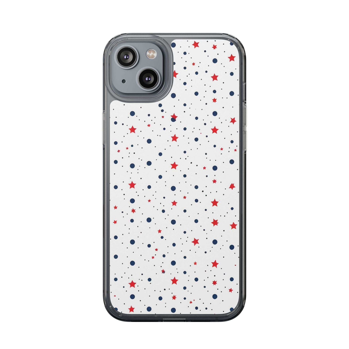 Clear phone case with white polka dots and red/blue stars; raised camera cutouts.
