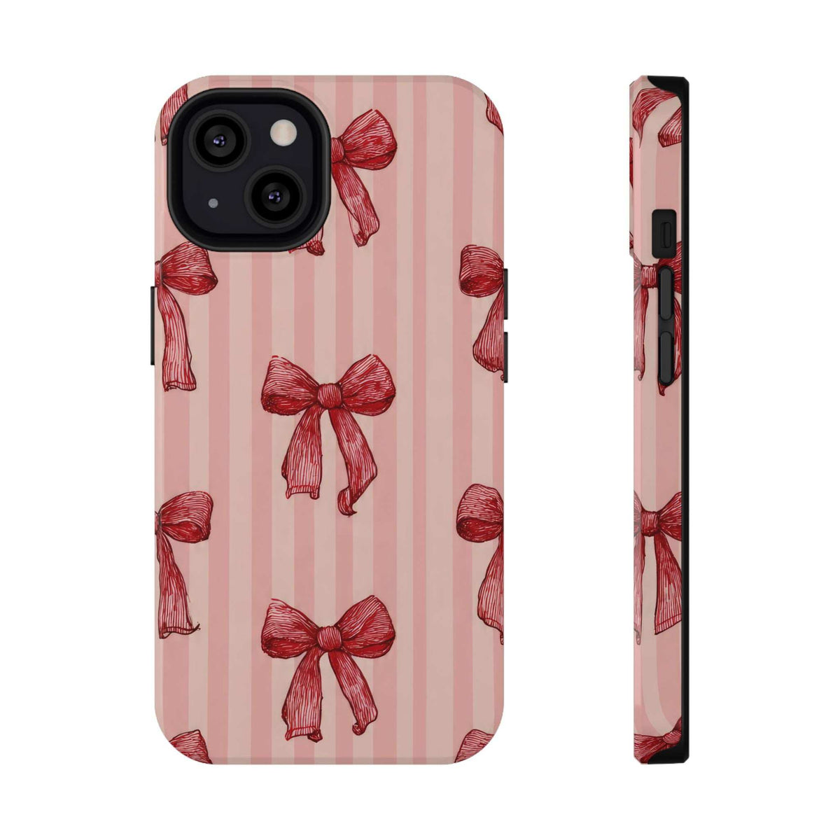 Pink striped phone case with red bow design; side profile shows button and port cutouts.