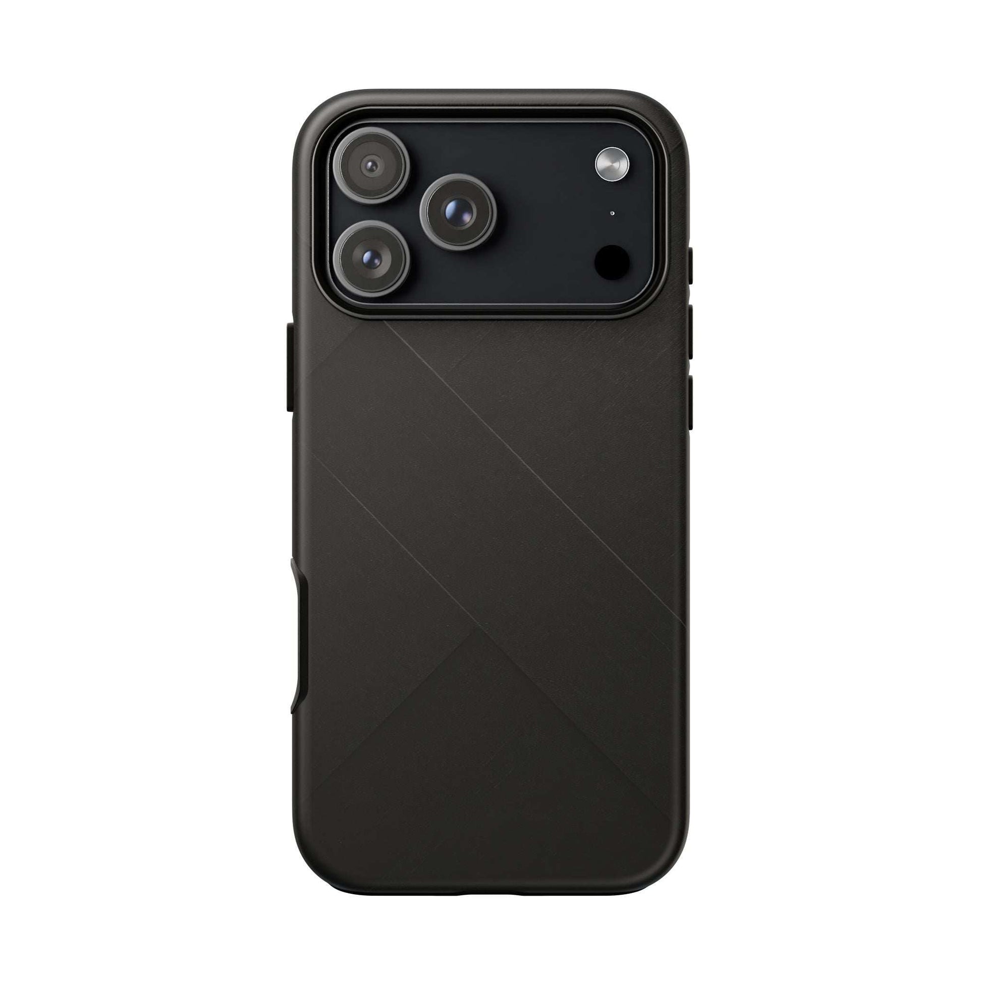 Matte black phone case with diagonal line pattern and triple camera cutouts