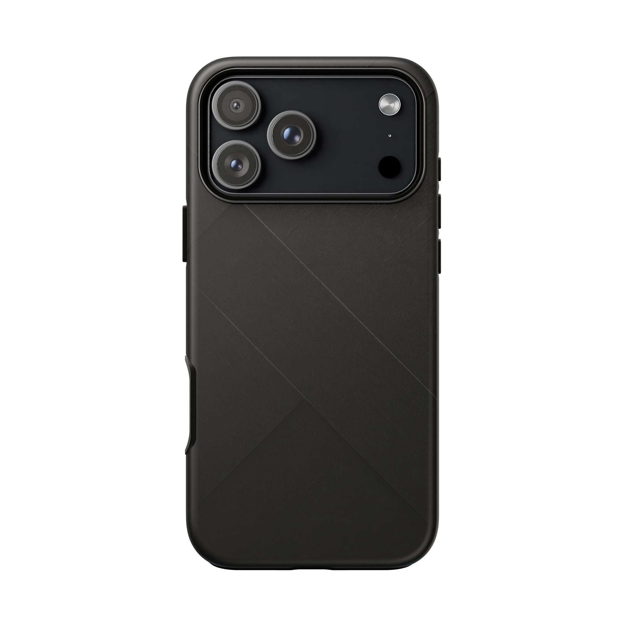Matte black phone case with diagonal line pattern and triple camera cutouts