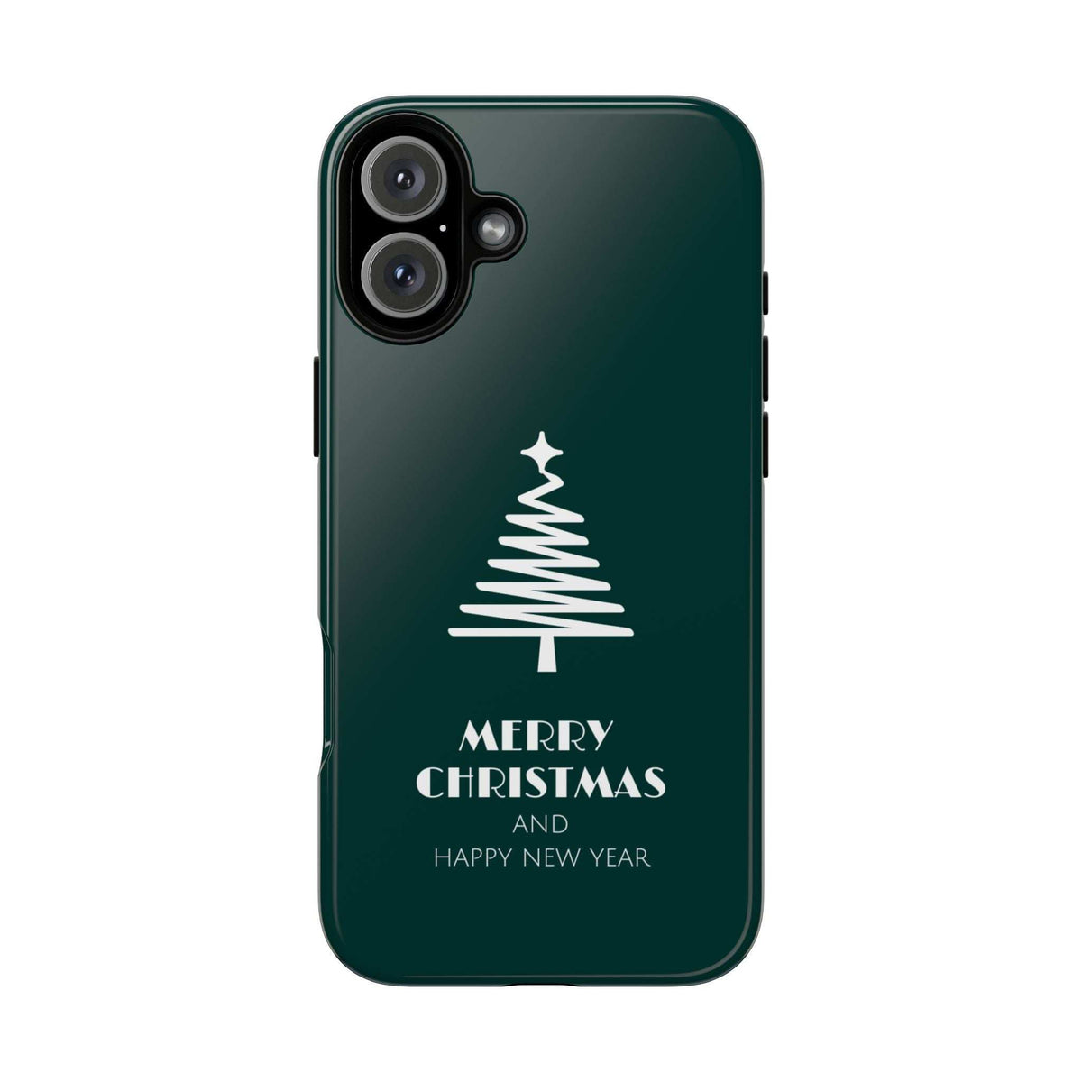 Dark green glossy phone case front with Christmas tree and 'Merry Christmas' and 'Happy New Year'