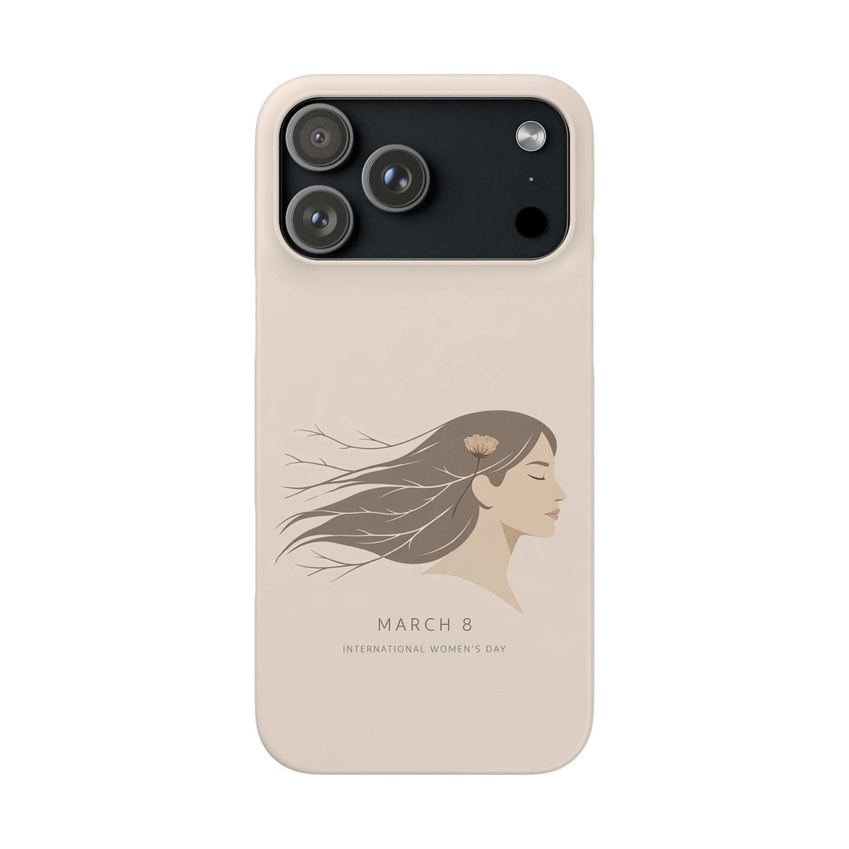 Beige phone case showing camera cutout and women’s day profile graphic centered on back