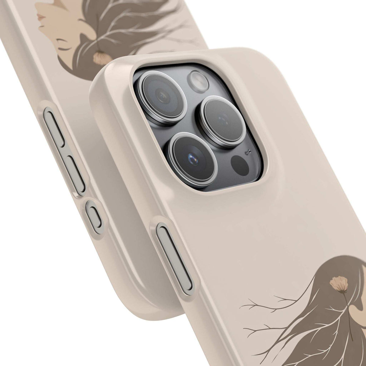 Beige phone case close to camera area, raised lens circles, line art woman design