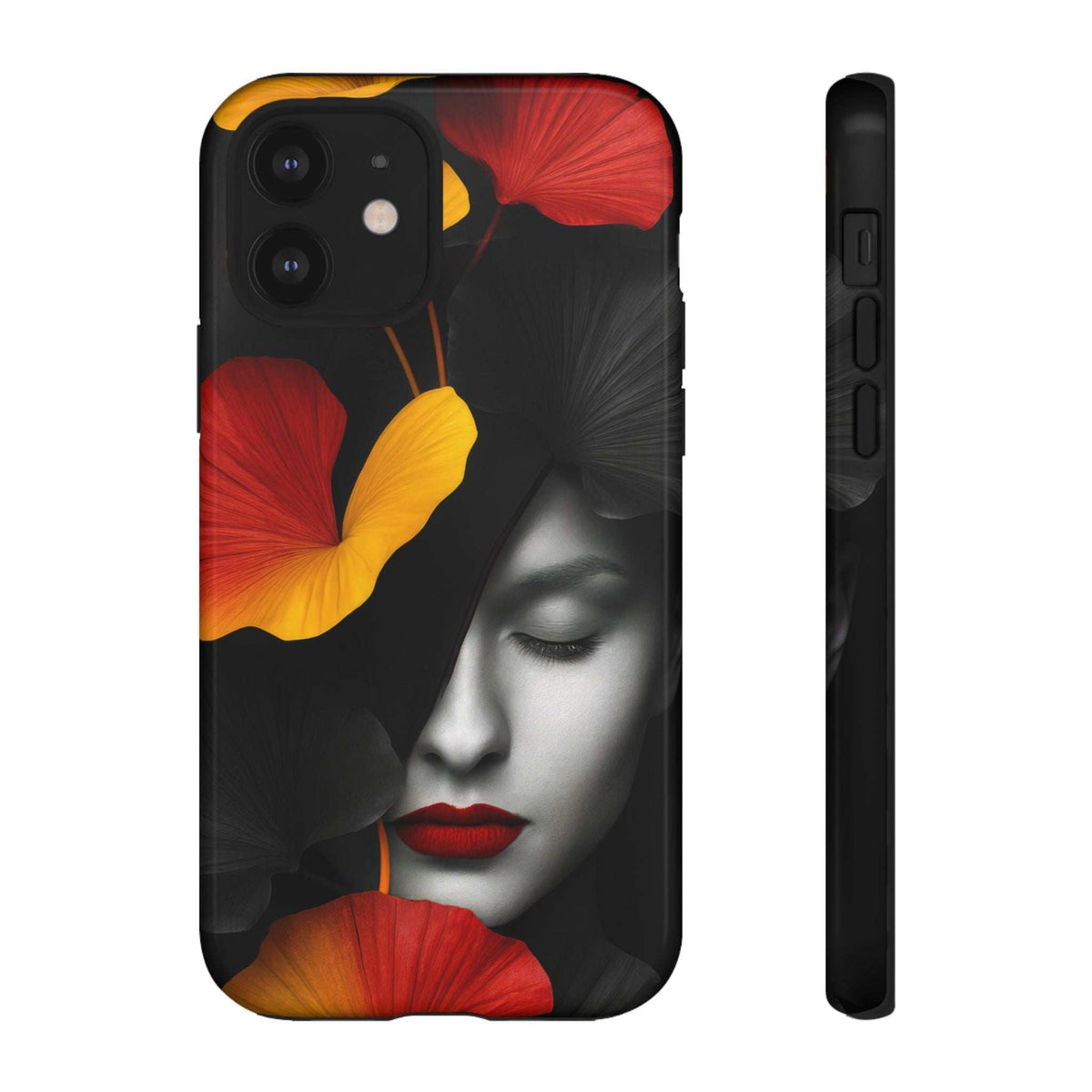 Glossy phone case, black with face portrait and red/yellow flowers