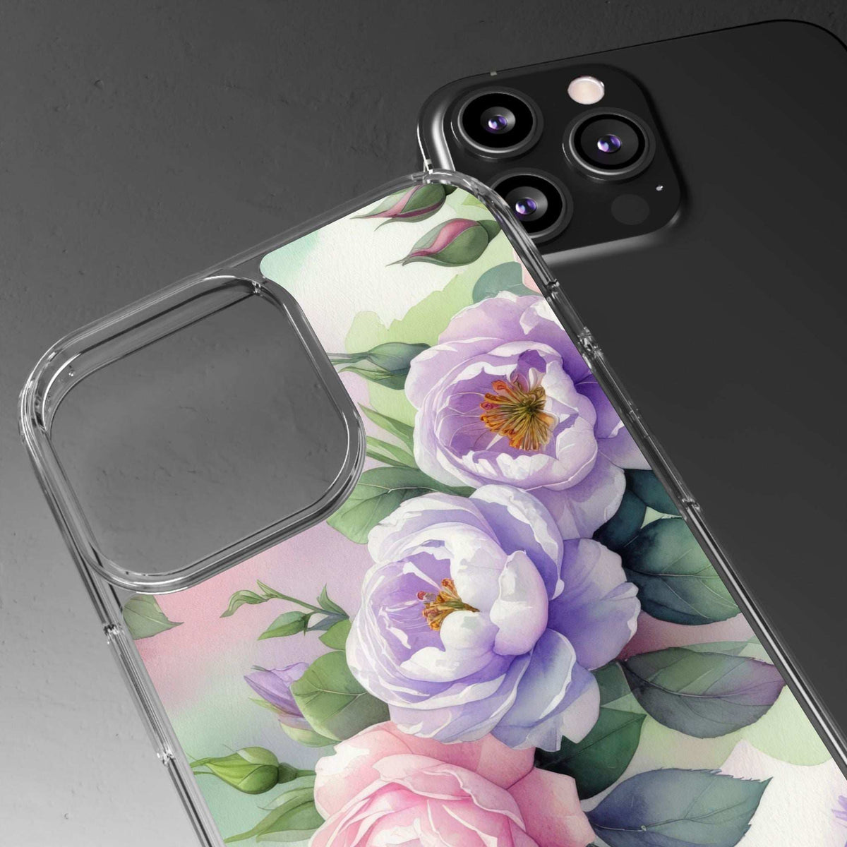 Clear floral phone case with purple peony cluster and green leaves, transparent protective sides