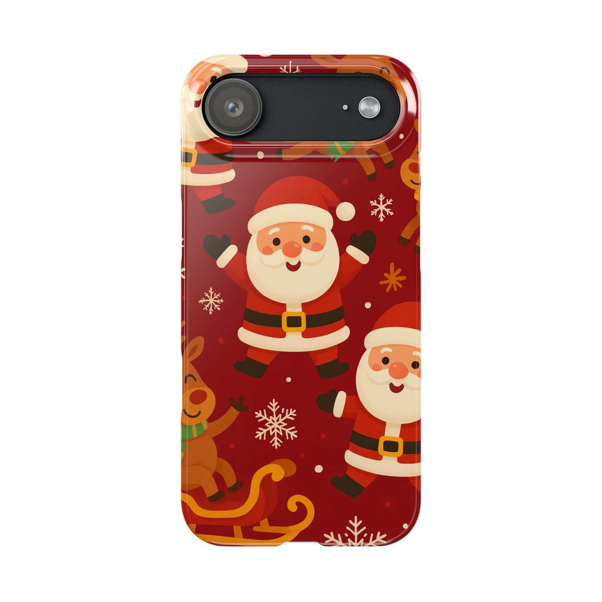 Red Santa holiday phone case with snowflake pattern and gingerbread accents; camera openings