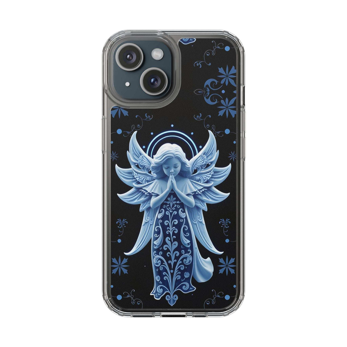 Clear phone case showing blue angel praying graphic with corner scroll ornaments