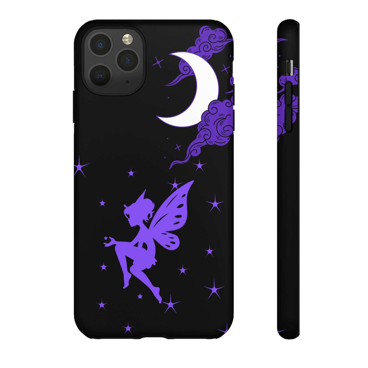 Black phone case with purple fairy and moon clouds; camera cutout and side view