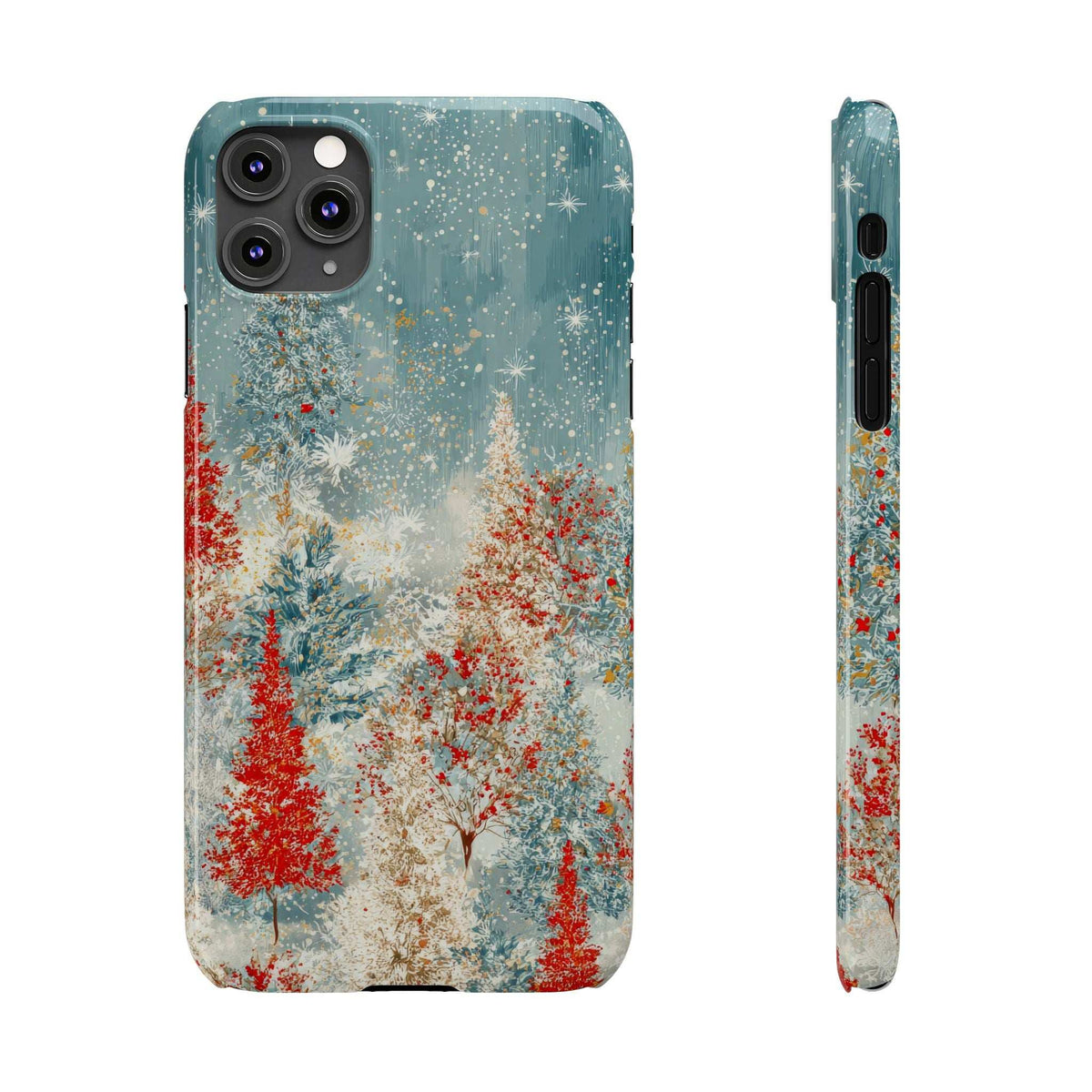 Snowy forest phone case with teal border and red tree accents; front camera cutouts