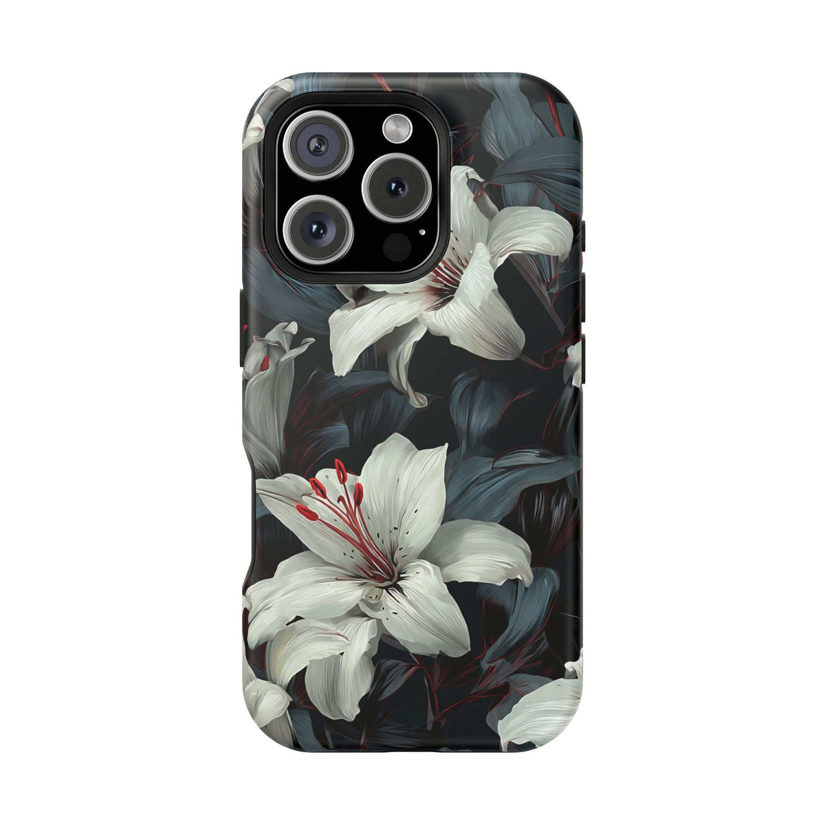iPhone 13-17 floral phone case with white lilies and red stamen accents on dark botanical design