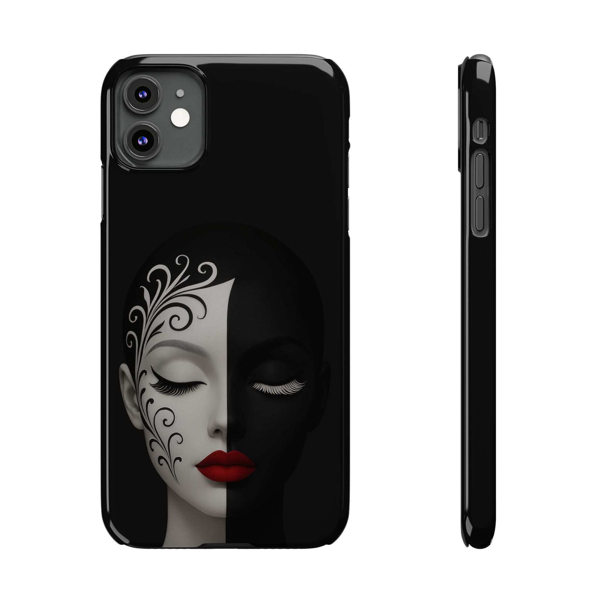 Black phone case with ornate half-face face art, red lips, and side edge details
