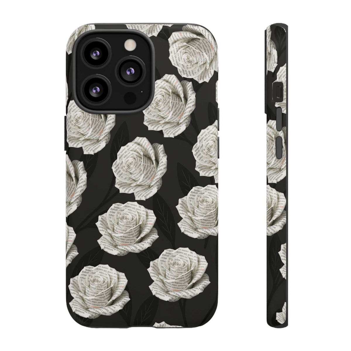 Phone case with white rose design on dark background, side view showing button cutouts