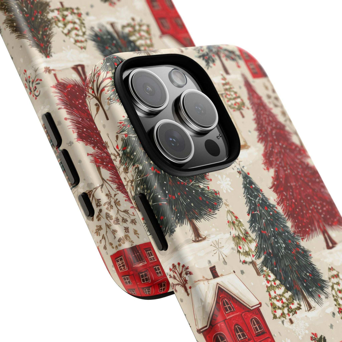 Winter village phone case close-up of camera area with black protective edges