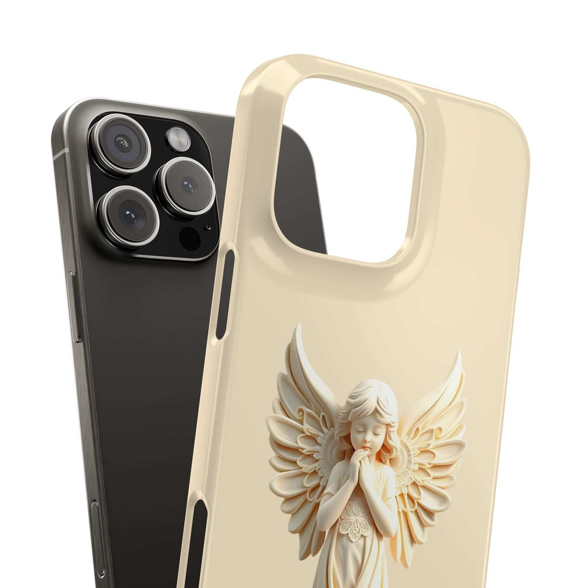 Cream phone case front view with angel wing charm and large camera cutout