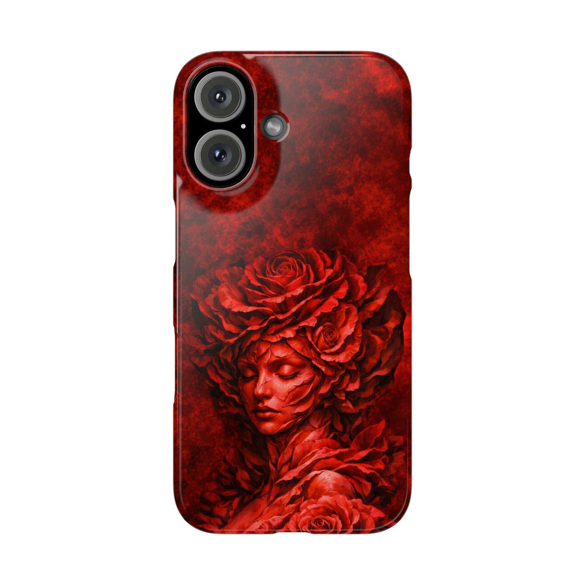 Red slim phone case with rose-and-woman face artwork; close-up back view with camera cutouts.
