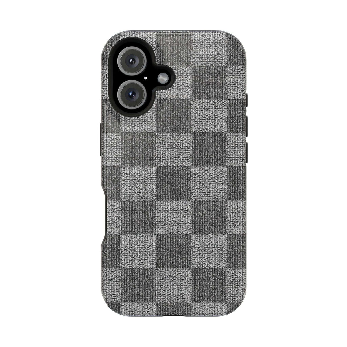 Gray checkered phone case with camera cutouts and side buttons, fabric texture, angled view