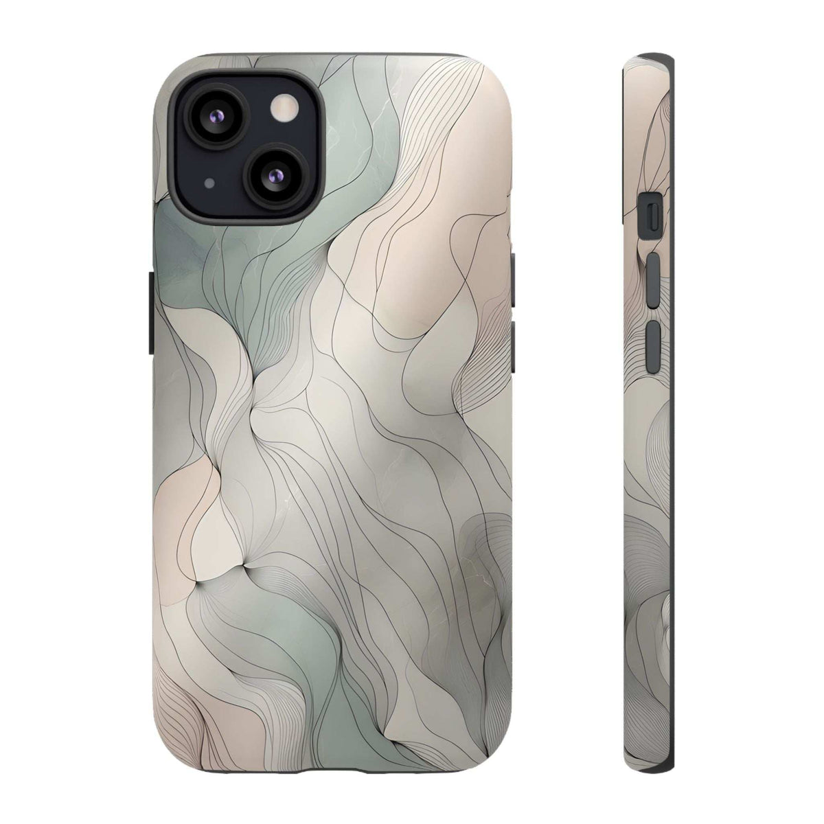 Phone case featuring pastel wave design, light beige and teal tones, side button openings and camera cutouts.