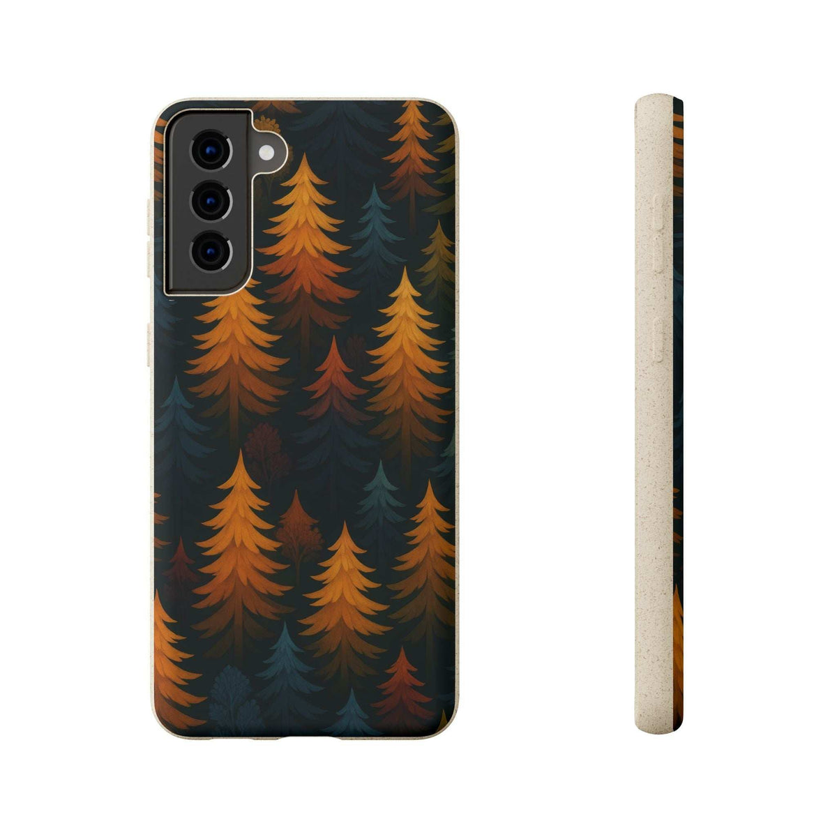 Biodegradable phone case with pine tree pattern, camera lens cutouts, and protective raised bezel