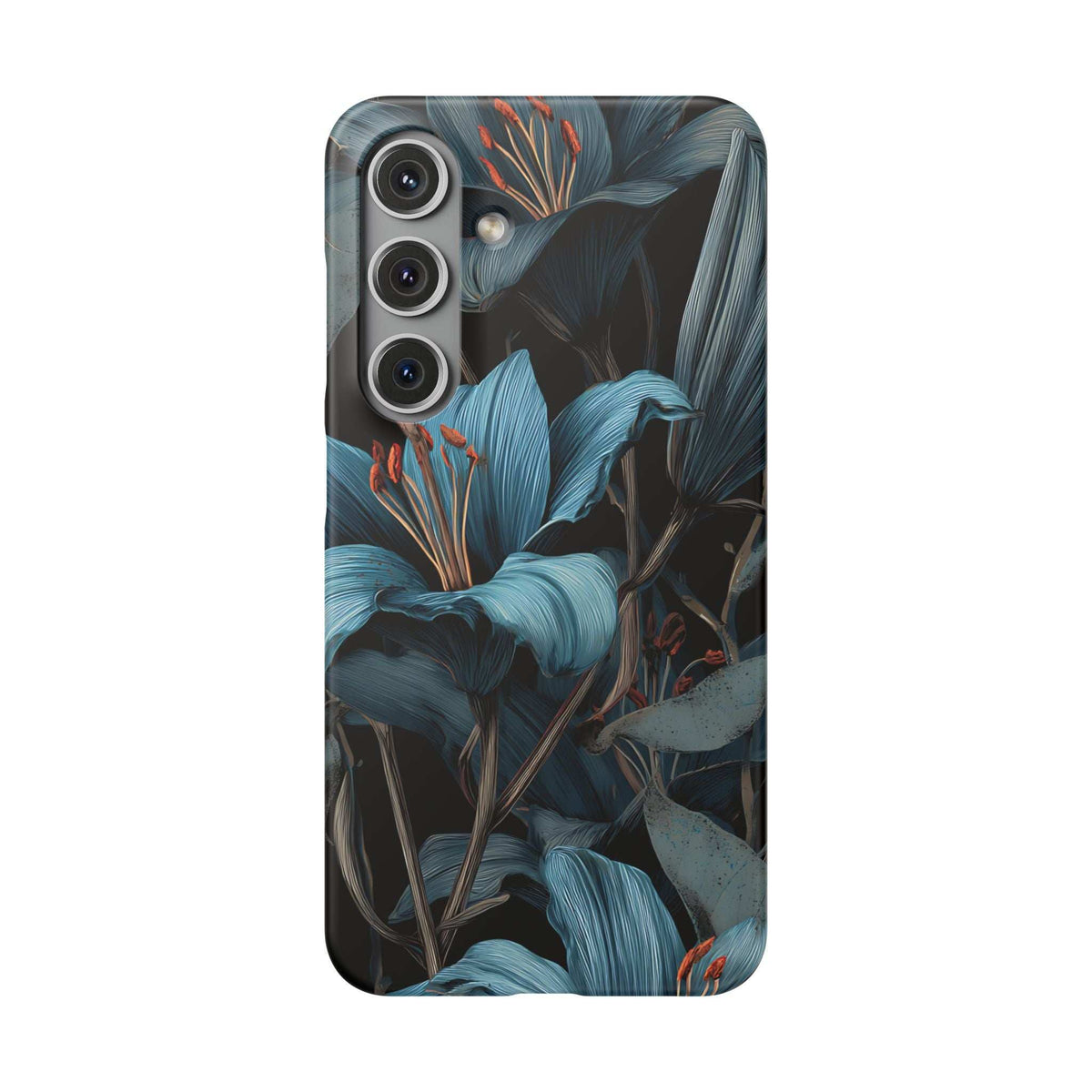 Phone case with blue botanical floral pattern, three camera cutouts, glossy-style finish