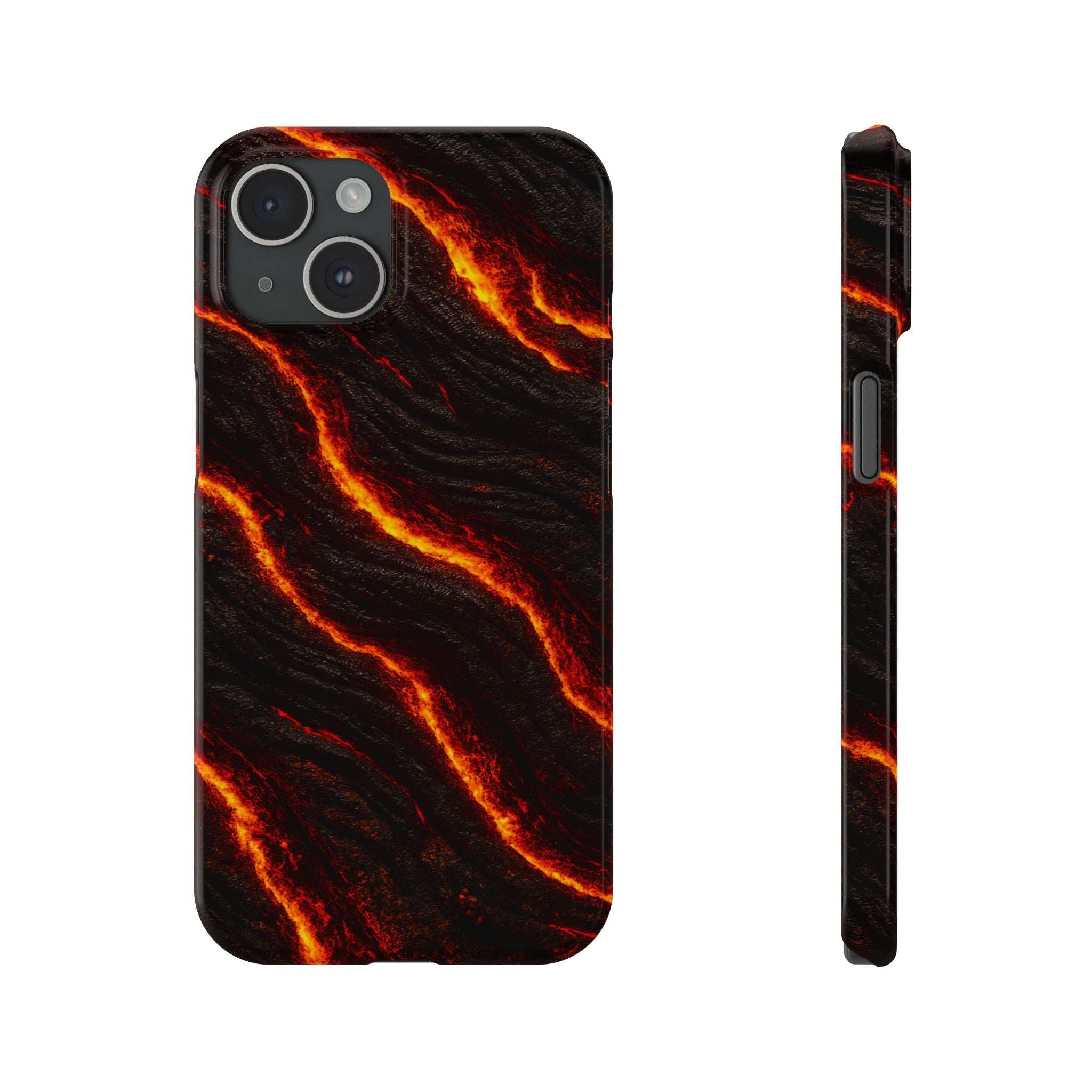 Black phone case with orange lava wave pattern; camera cutouts and side button detail.