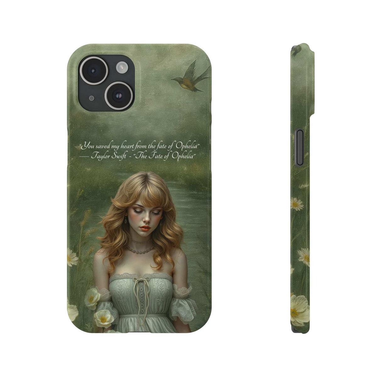 Green phone case with blonde woman artwork; bird motif on back and slim edge view