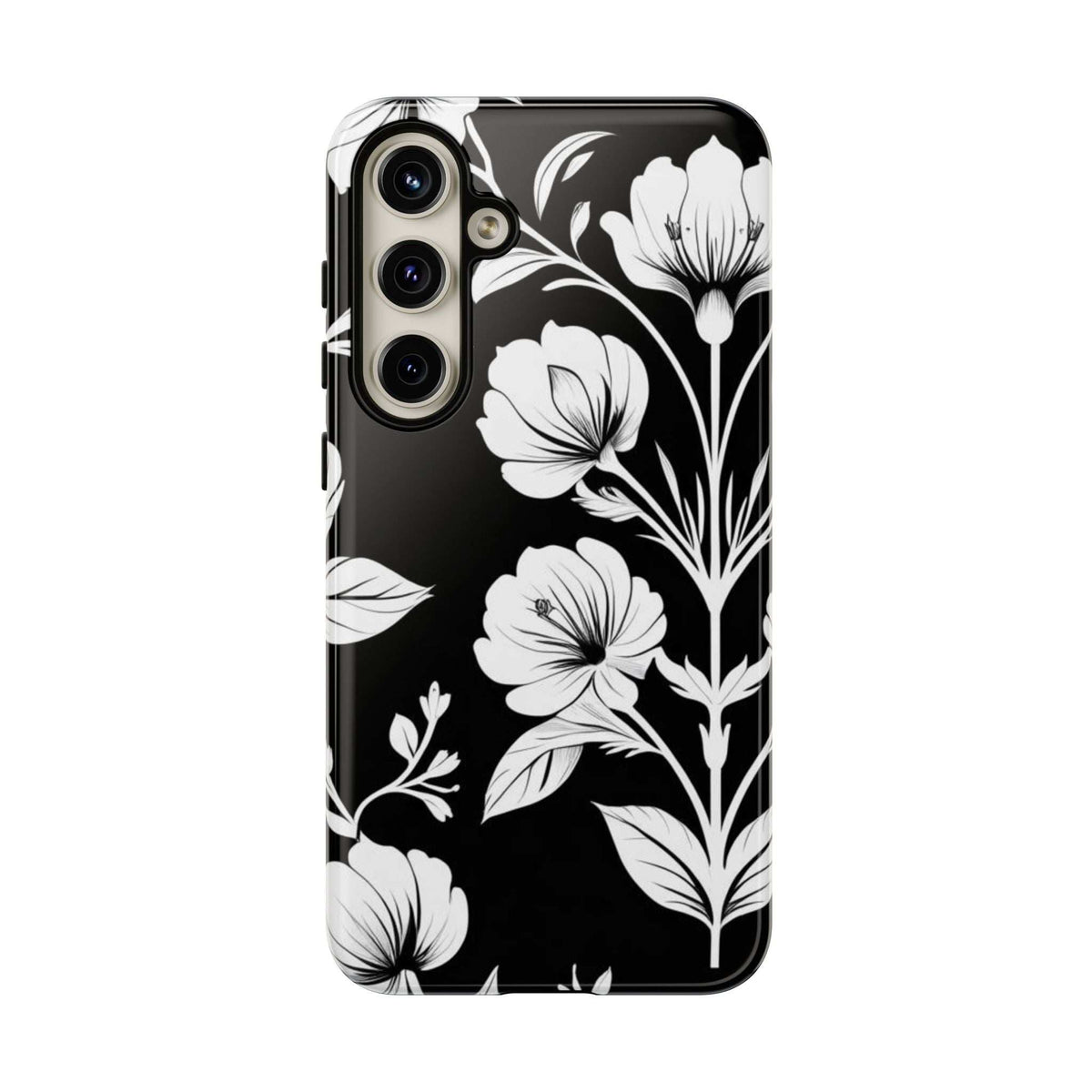 Back of floral phone case in black with white blossoms and thin stem details; cutouts