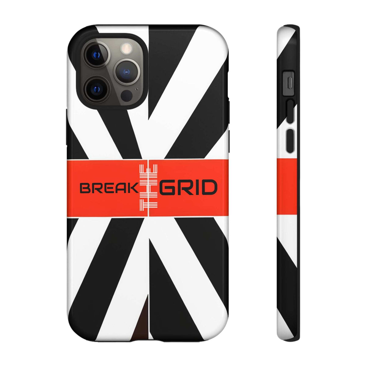 Phone case with black-and-white geometric stripes, red "Break Grid" band, front and side view.