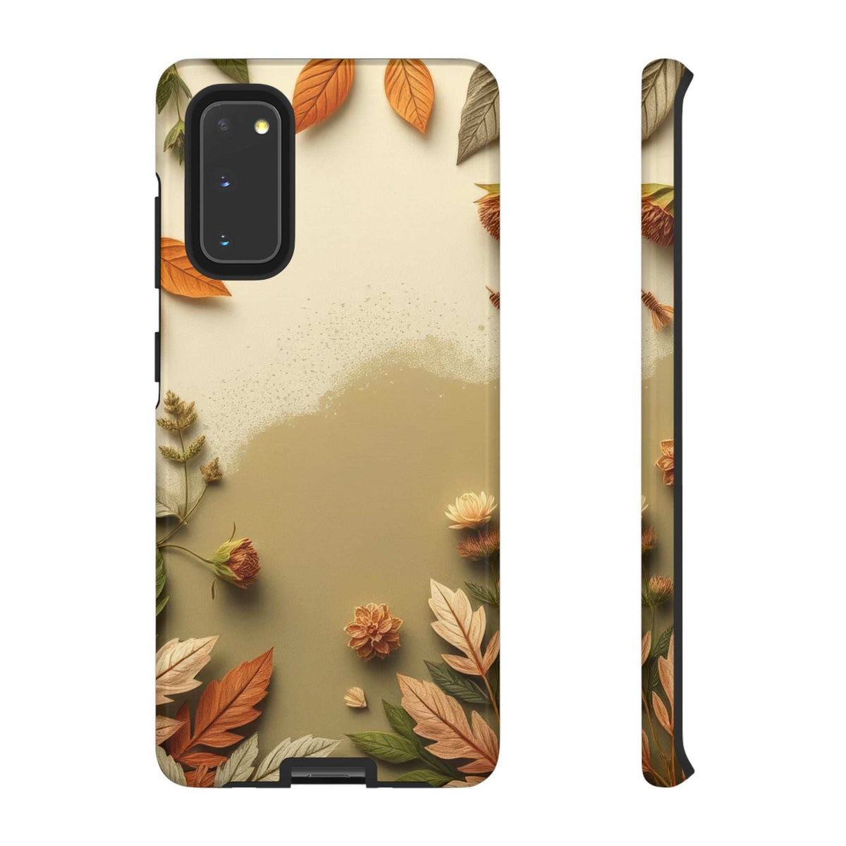 Autumn leaves phone case for smaller camera layout, with side port opening visible.