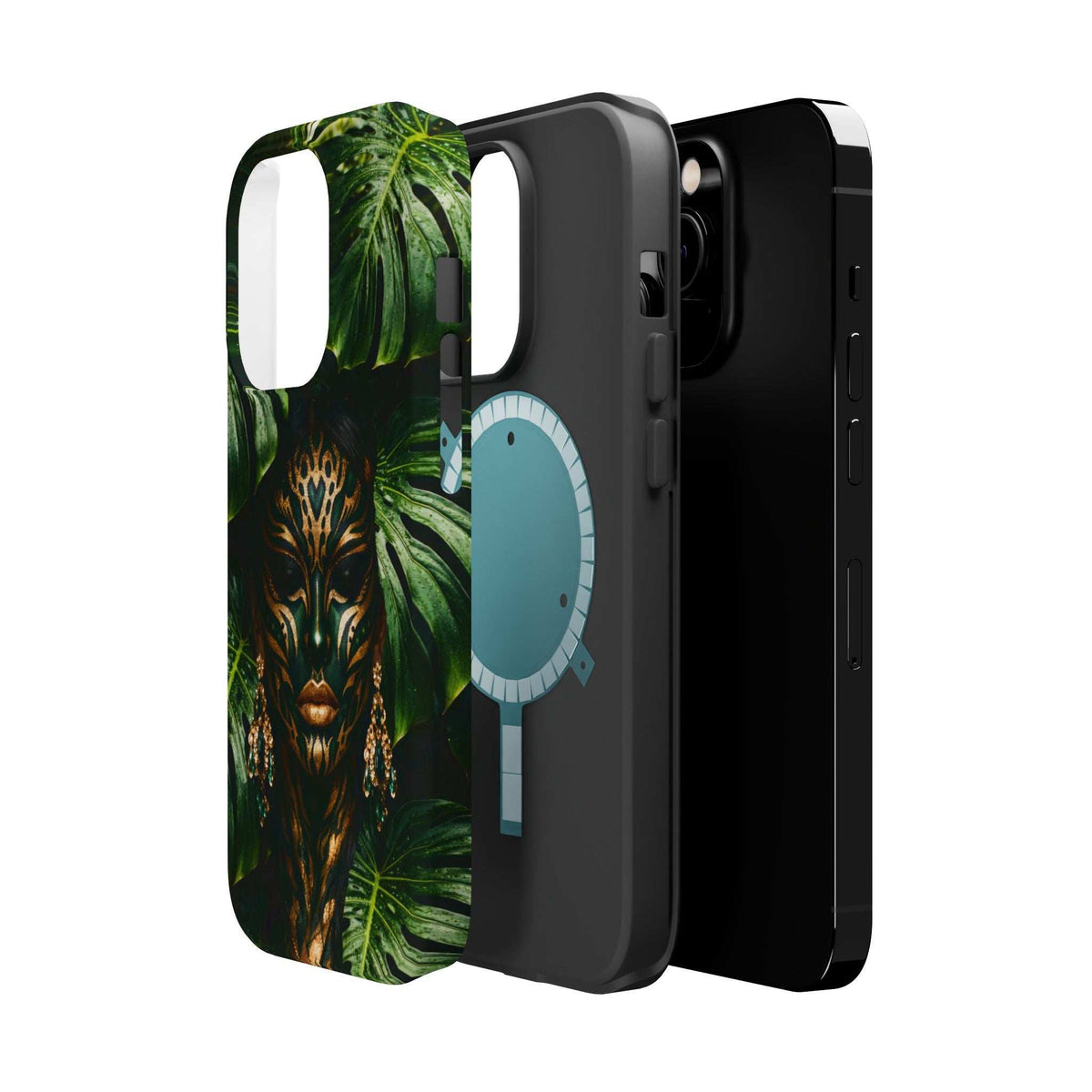 Phone case showing jungle lion and green jungle leaves with light-blue handprint graphic
