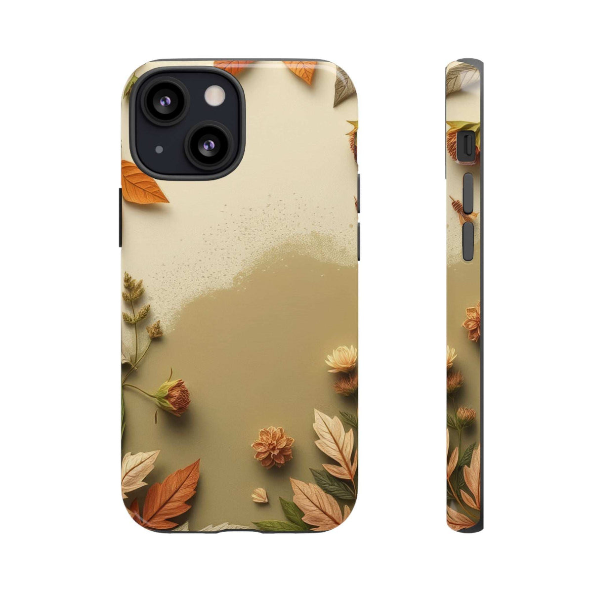 Autumn leaves phone case in beige with orange, green, and cream leaf motifs, camera cutout