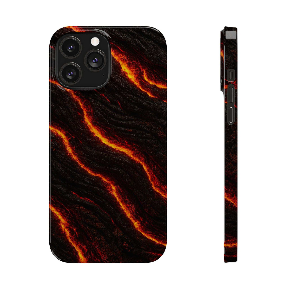 Black phone case with orange lava glow; back camera cluster and slim side view