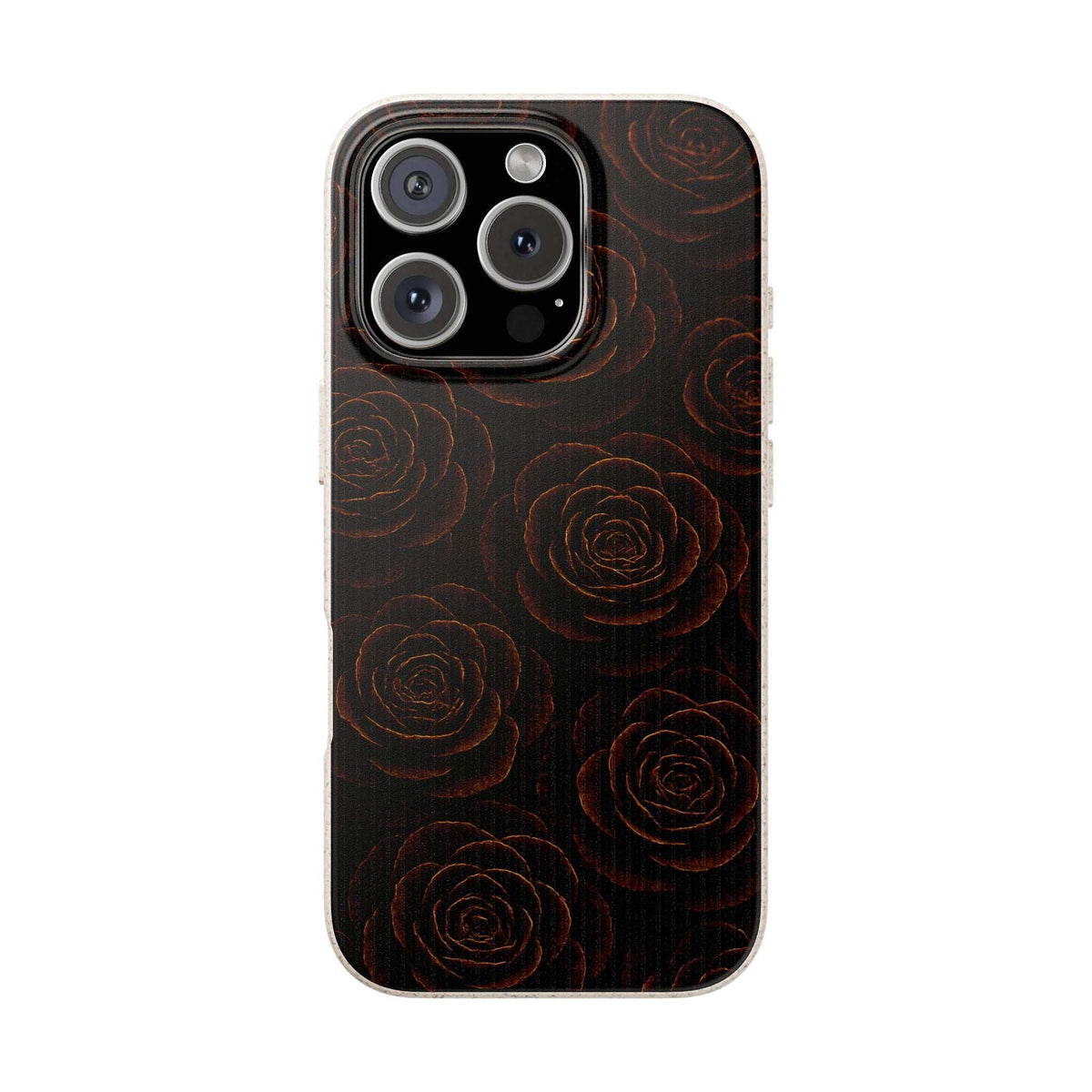 Dark rose-pattern phone case with quad-camera cutout area and slim edges.