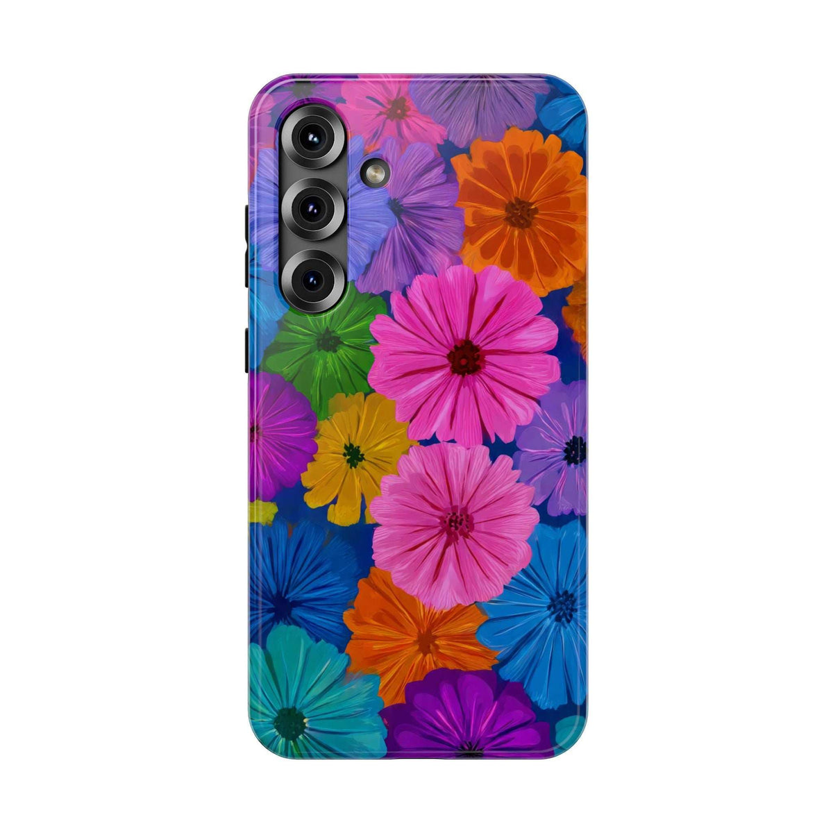 Colorful flower-pattern phone case with side buttons and camera module cutouts.