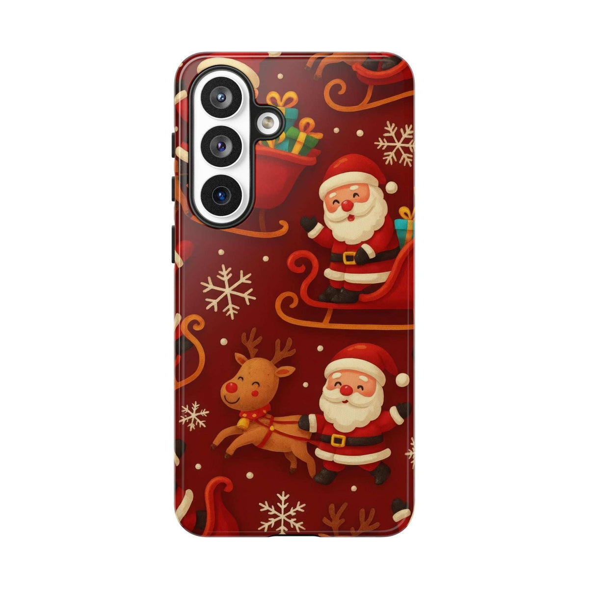 Glossy Santa and reindeer sleigh pattern phone case, dual camera cutouts and side buttons
