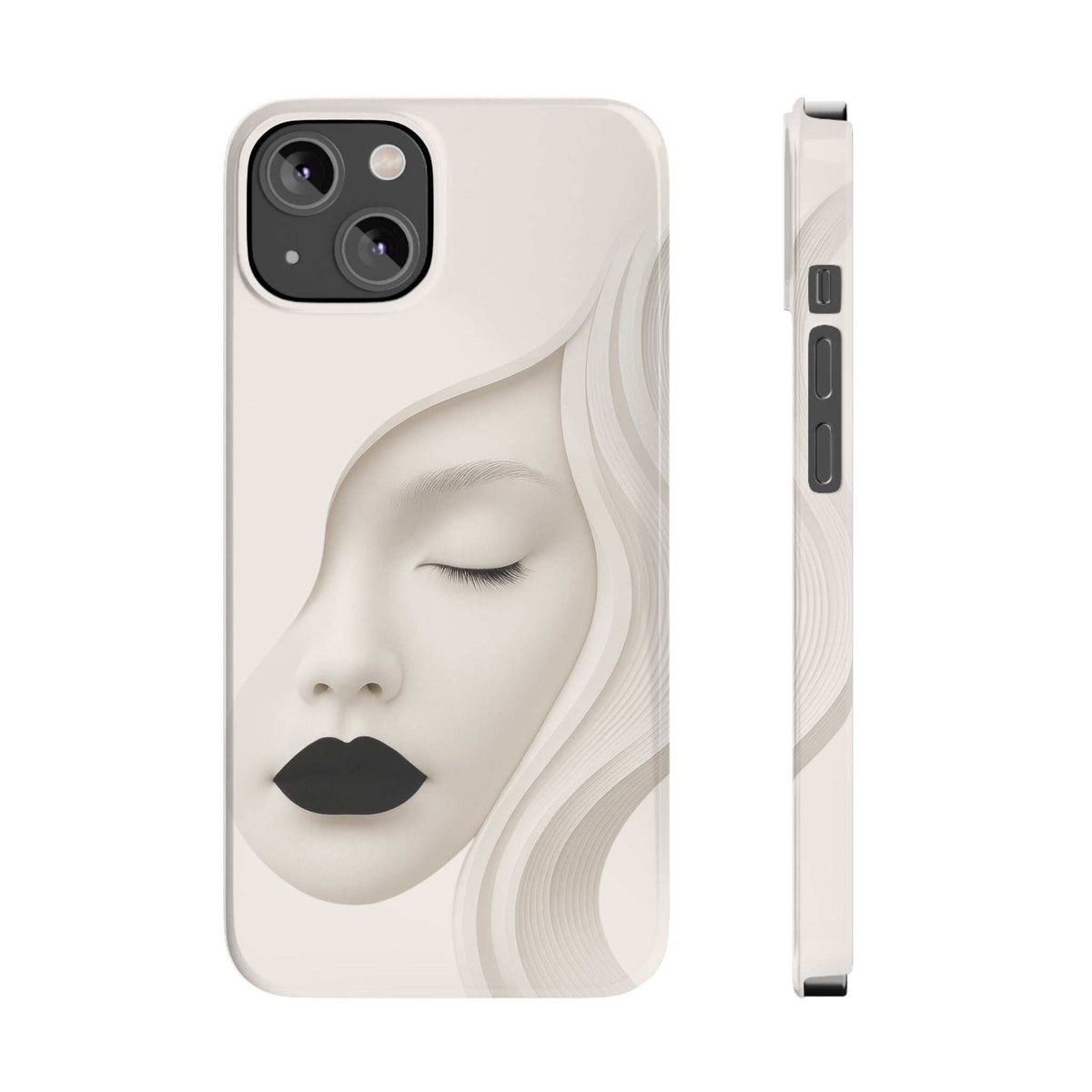 Light beige phone case with minimalist closed-eye face art; side buttons and camera cutouts.