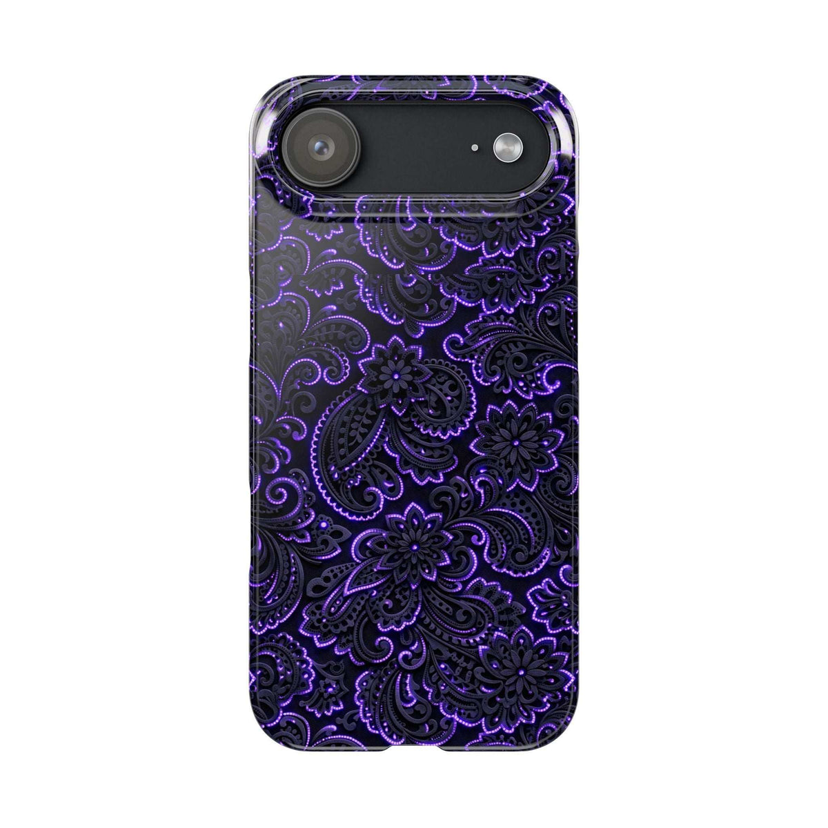 Purple paisley phone case with neon swirl and flower pattern, side camera opening.