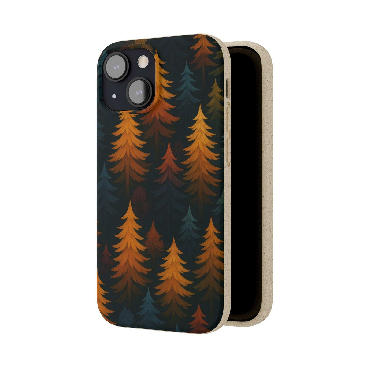 Biodegradable phone case with pine tree pattern in dark blue and orange; raised camera bump