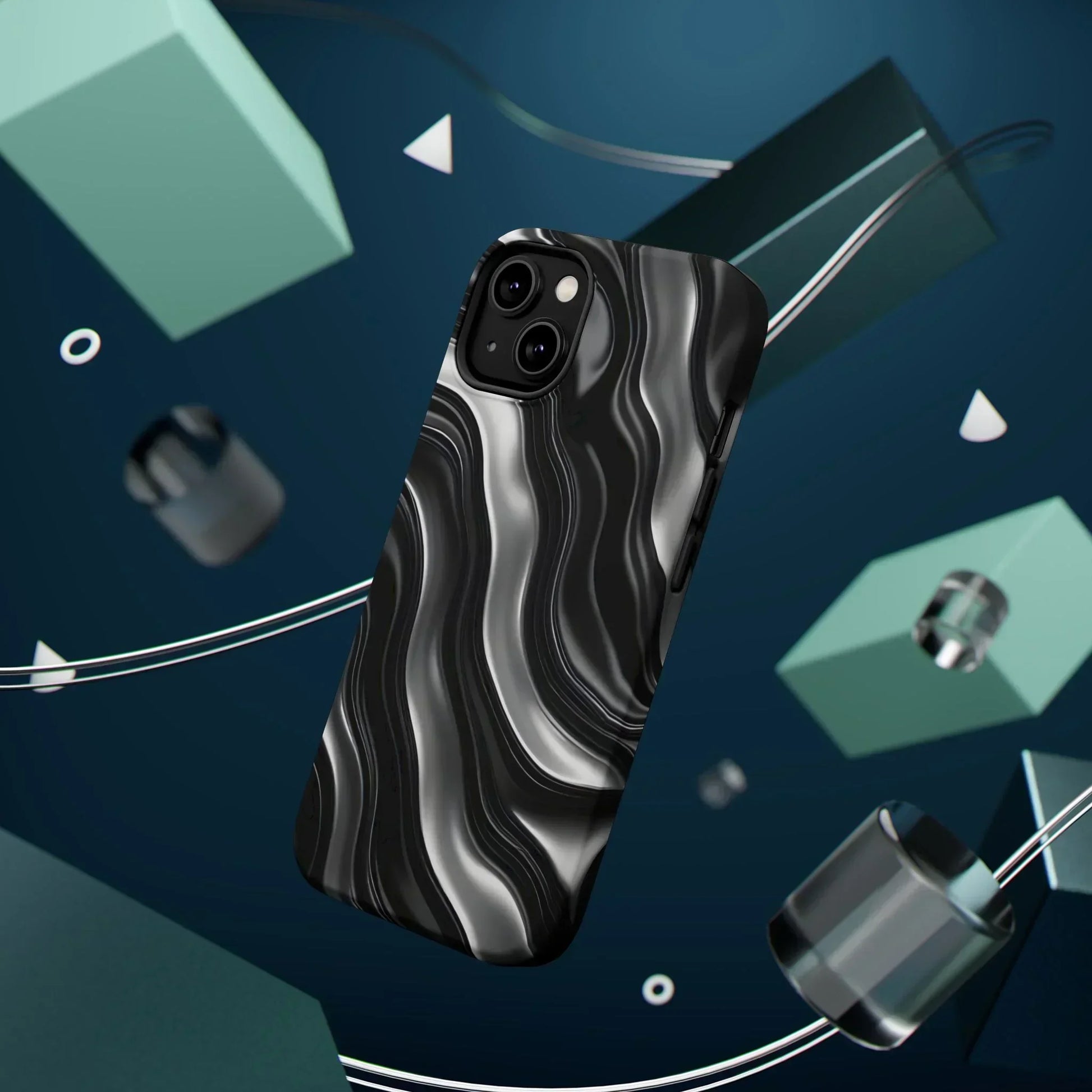 Wavy Illusion Black & Silver MagSafe® Tough Phone Case - KarArmDesign