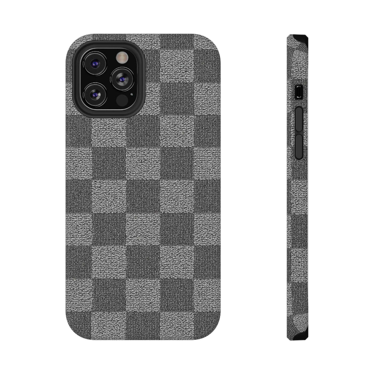 Gray checkered phone case front view with raised camera area and speaker openings