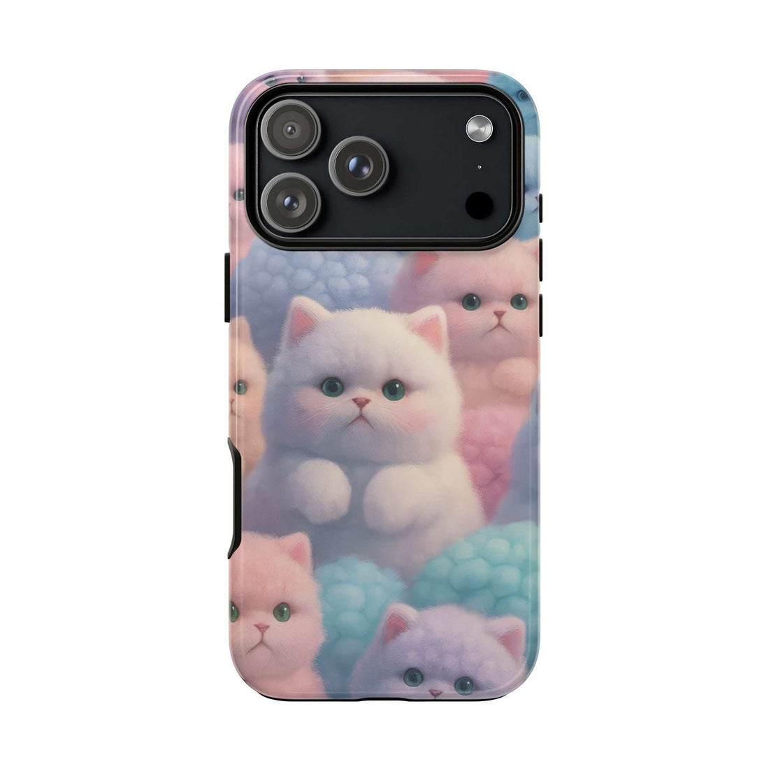 Glossy pastel kitten phone case, back view with camera module and kitten collage design