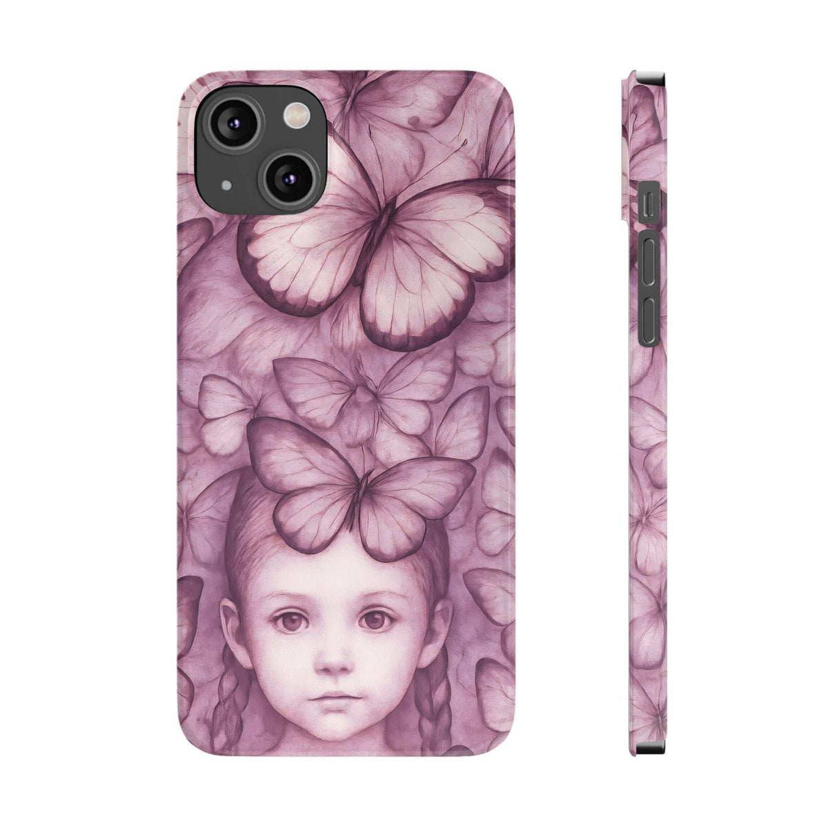 Purple phone case with butterfly wings and young girl face; side view shows button openings.