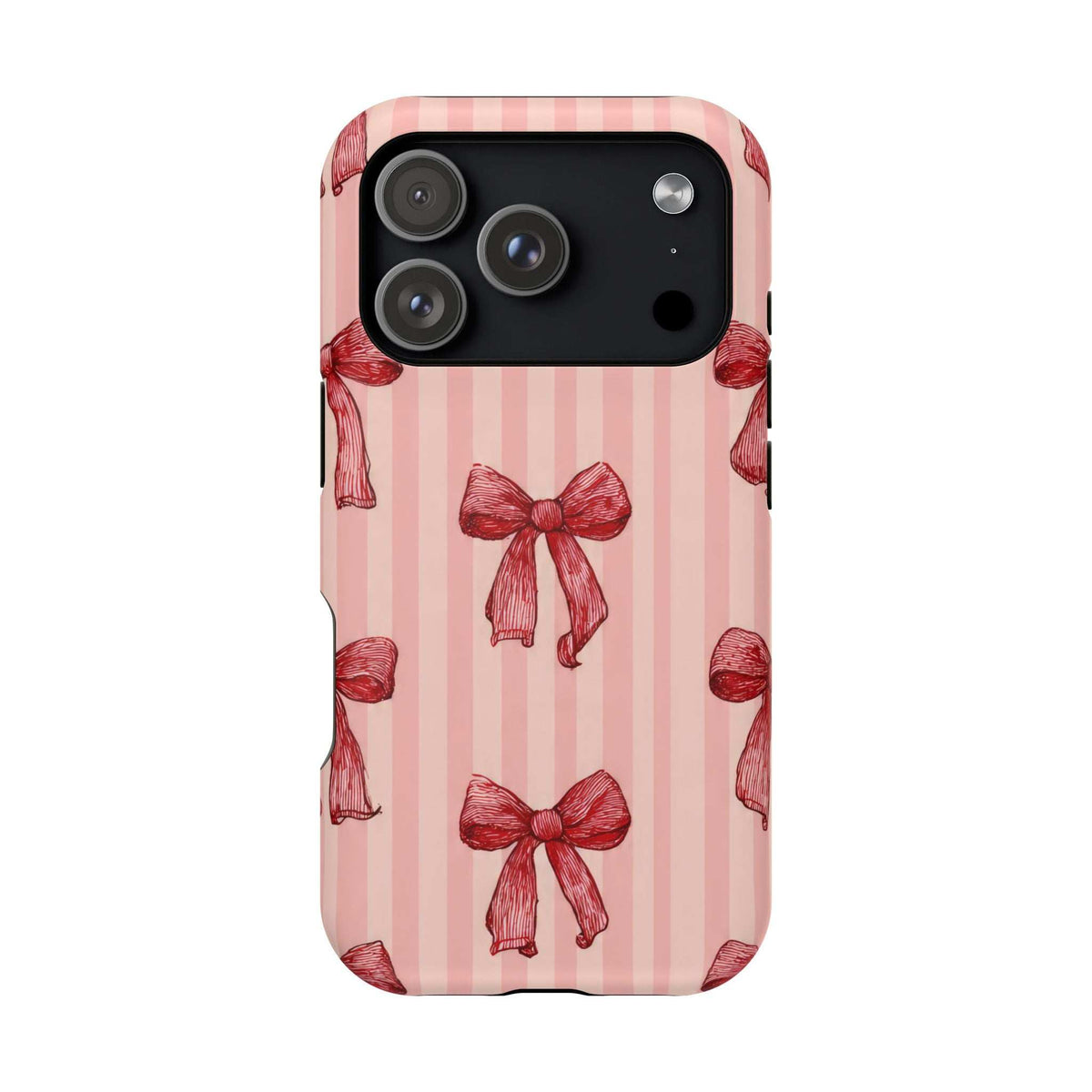 Pink phone case with red bow stripe print, back view showing triple camera lenses.