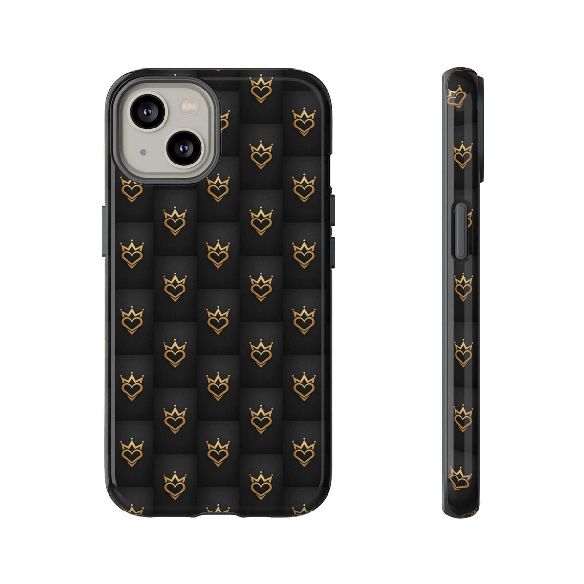 Glossy dark phone case with gold crown heart doodles, front and thin side view