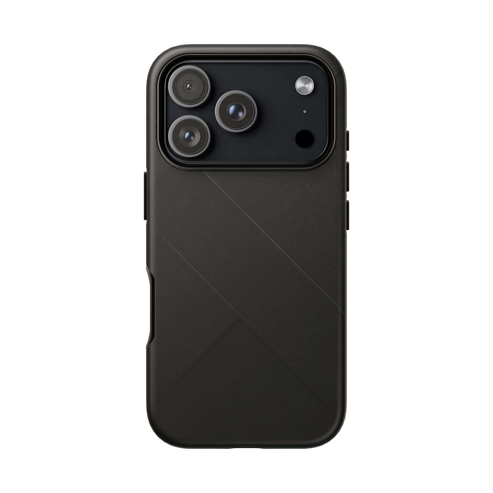 Matte black phone case with diagonal line pattern and triple camera cutouts