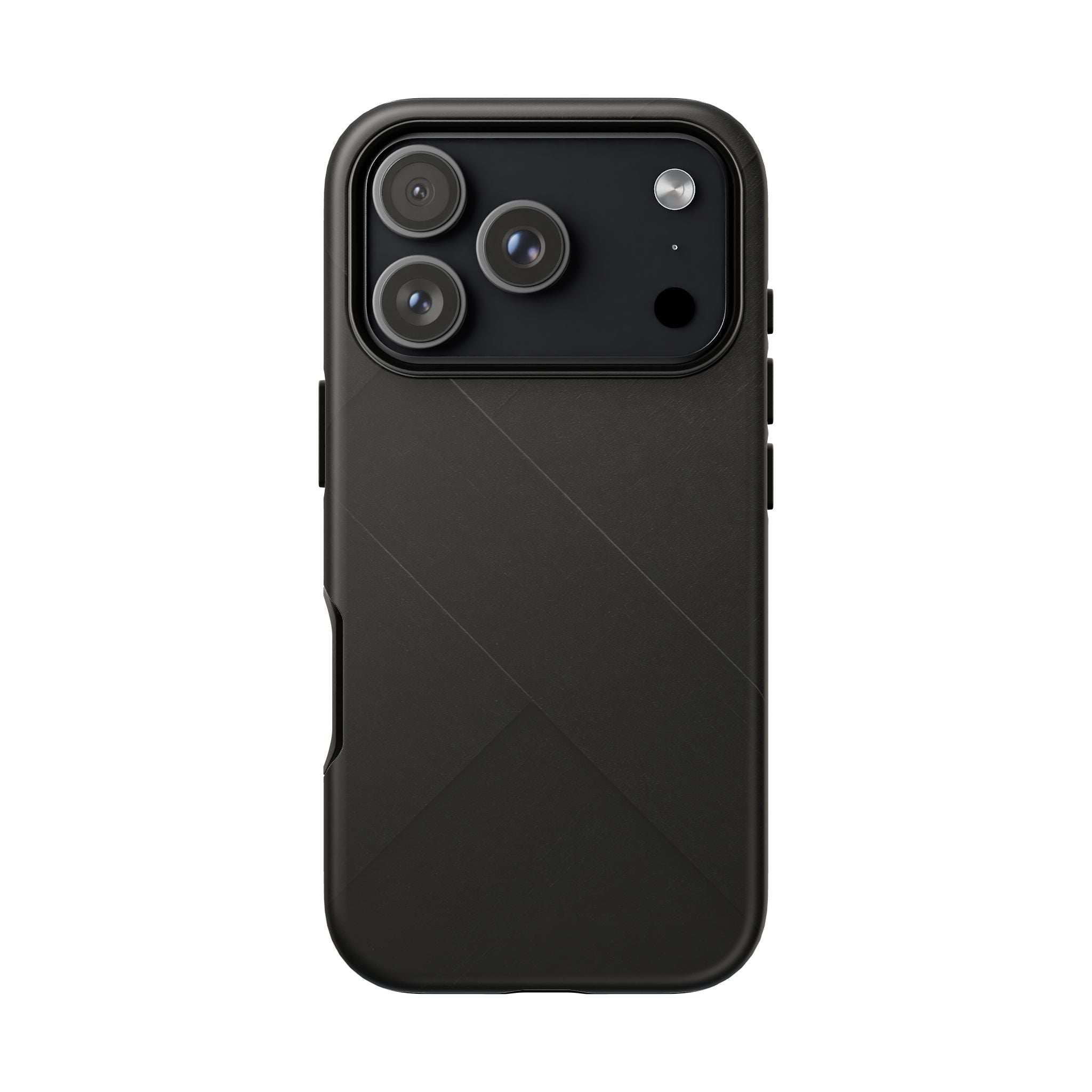 Matte black phone case with diagonal line pattern and triple camera cutouts