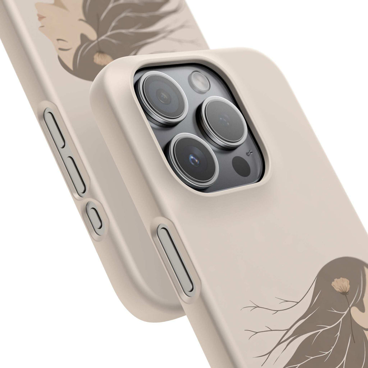 Beige phone case angled with camera module cover and side button openings, line art