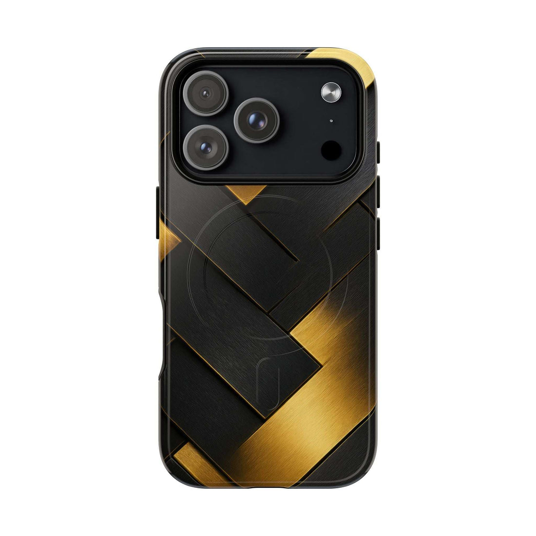Glossy phone case with black back and gold chevron pattern, rear view with camera cutouts