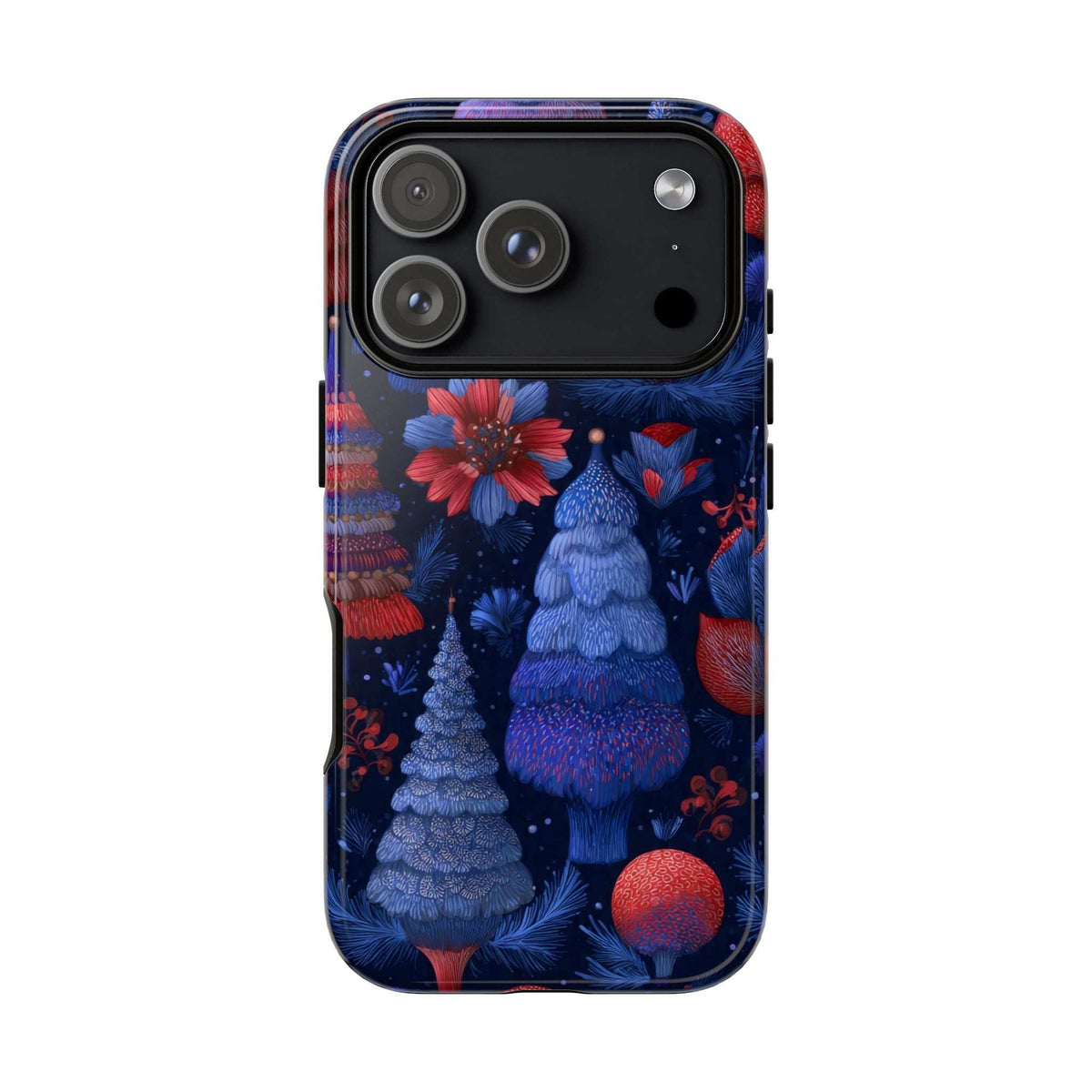 Glossy midnight blue Christmas forest phone case with pine trees, red baubles, and circular camera cutout.